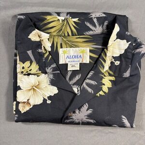 Aloha Hawaiian Floral Short Sleeve Button Down Shirt Black White Mens 2XL